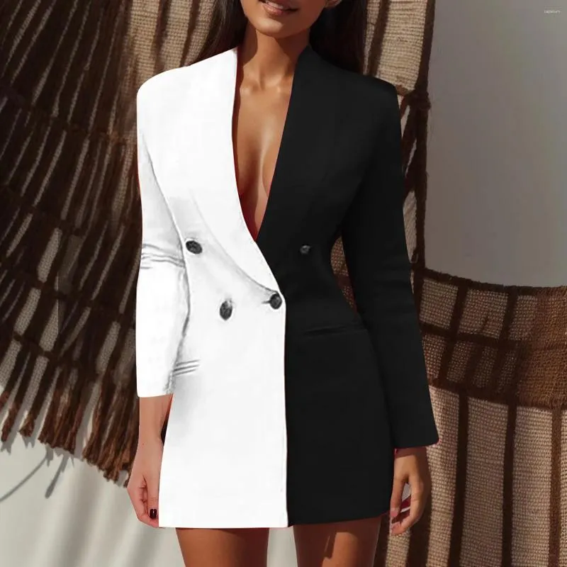 Robes décontractées Femmes Blazer 2024 Spring Slim Slee Long Long Suit Elegant Female Suit Double Couleur Blocage de manteau Poit