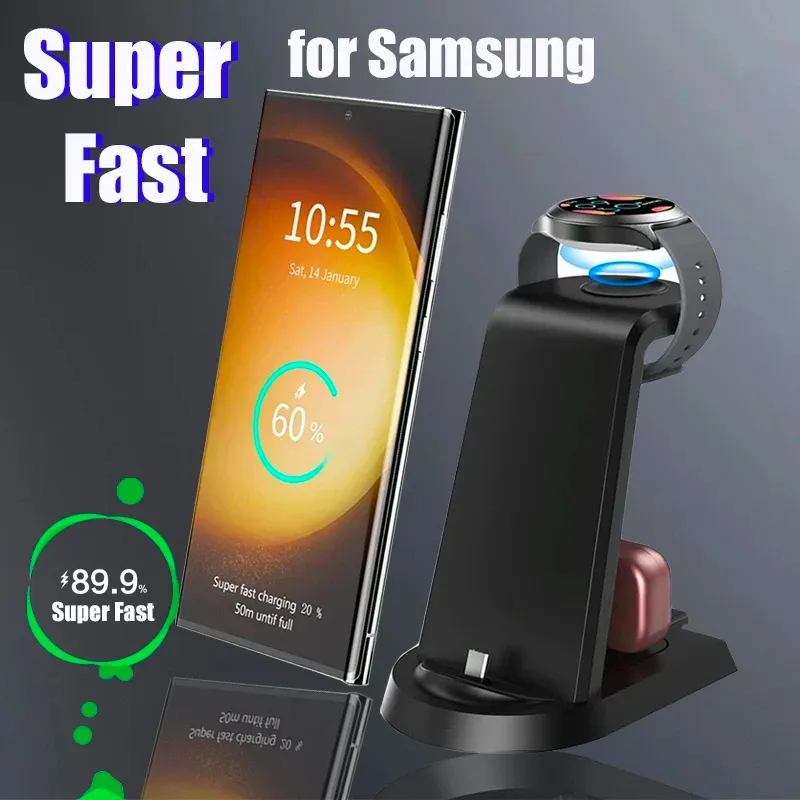 Chargers 25W Super snelle draadloze lader 3 in 1 voor Samsung S23 Ultra S22 S21 S20 Galaxy 5 4 3 Active 2 Watch Earbuds Charging Station