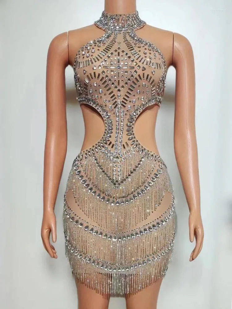 Stage Wear Shining Rhinestone Sexy See Through Mesh Women Dress Backless Transparent Party Show Po Shoot Performance Costume