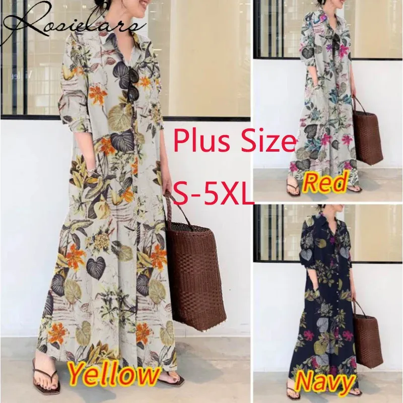 2023 Summer Dress Plus Size 3XL 4XL 5XL Bomull Linen Pocket Maxi For Women Bluses Streetwear Loose Long Dresses 240419