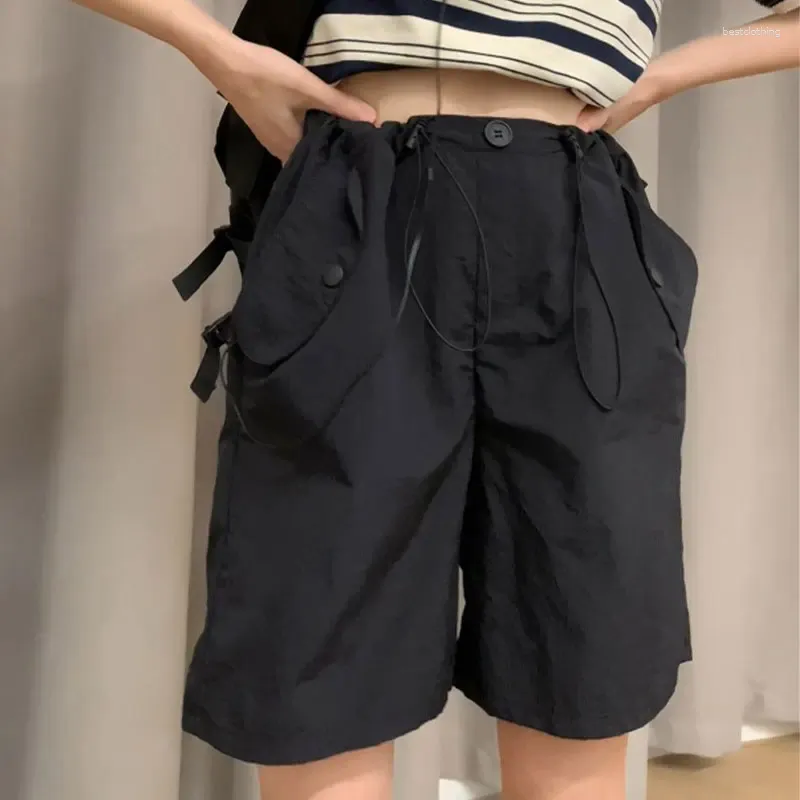Shorts femininos iyundo americano retro feminino casual moda moda simples estilo alta cintura média fêmea de perna larga de largura