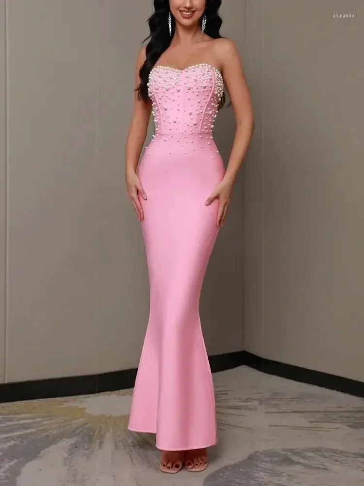 Casual Dresses 2024 Summer's Sexy Luxury Strapless Pearl Beaded Mermaid Bandage Long Dress Bodycon Celebrity Party Evening Evening