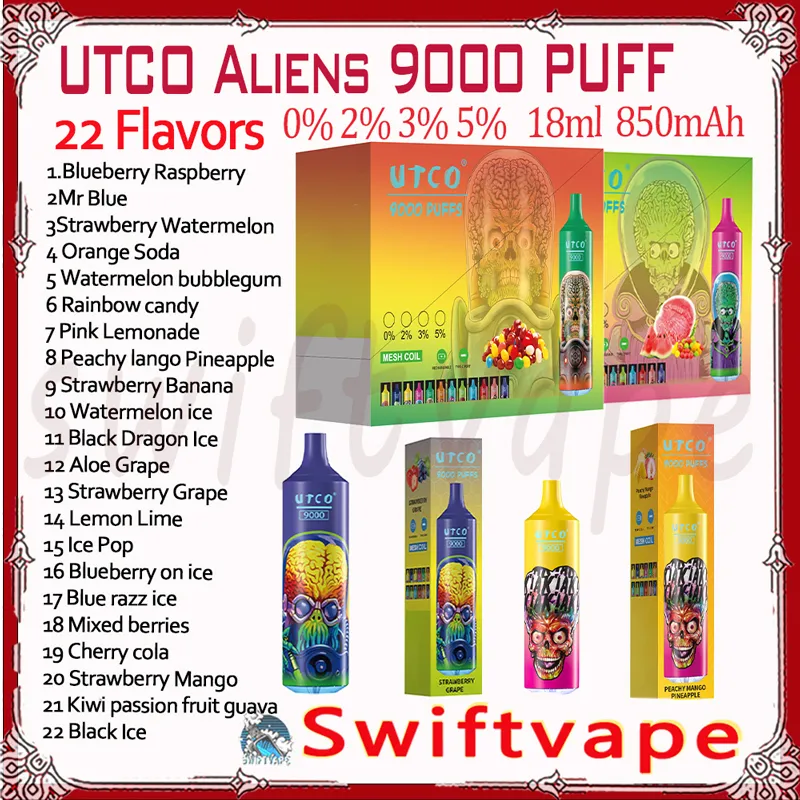 Autentiska UTCO ALIENS 9000 PULDS Disponerbara VAPE 22 Smaker 18 ml Förfylld enhet 850mAh Type-C uppladdningsbart batterimesh-spole 9K E Cigaretter