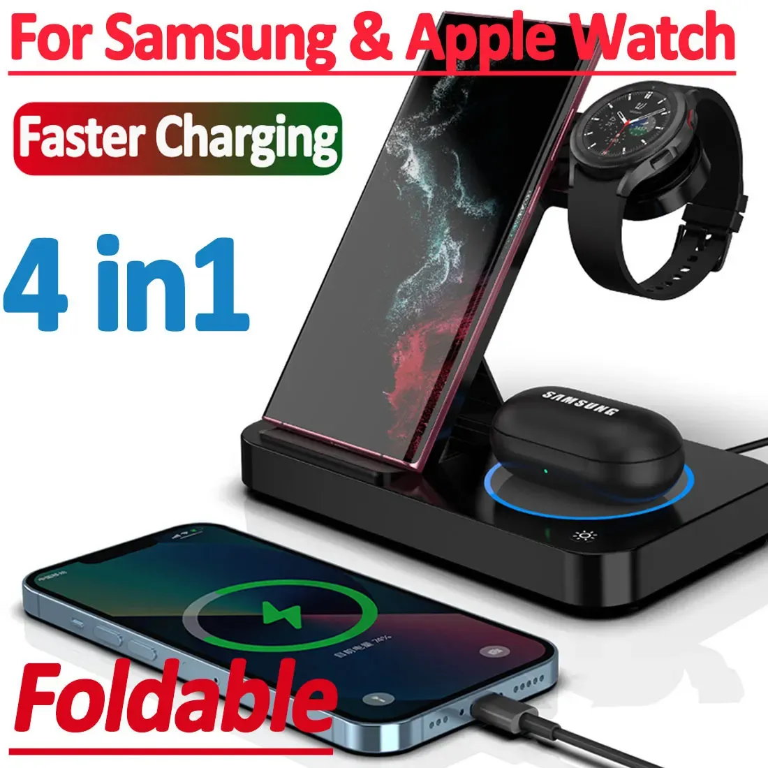 充電器4 in 1ワイヤレス充電器スタンドパッド高速充電ドックステーションiPhone 14 13 Apple Watch Samsung 4 3 Watch Iwatch Airpods Pro