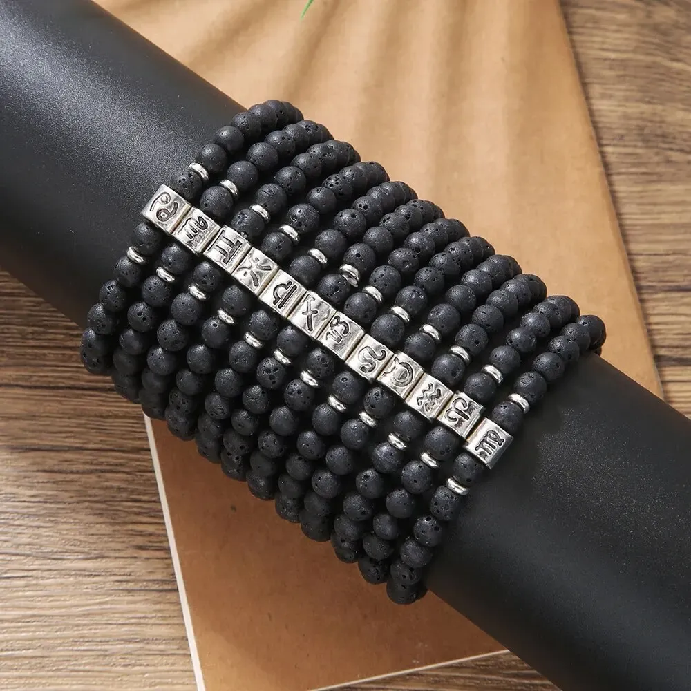 Strands Fashionable 12 Zodiac Signs Bracelets For Women Vintage 6mm Lava Stone Bead Male Elastic Handmade Handwear Jewelry Accessories