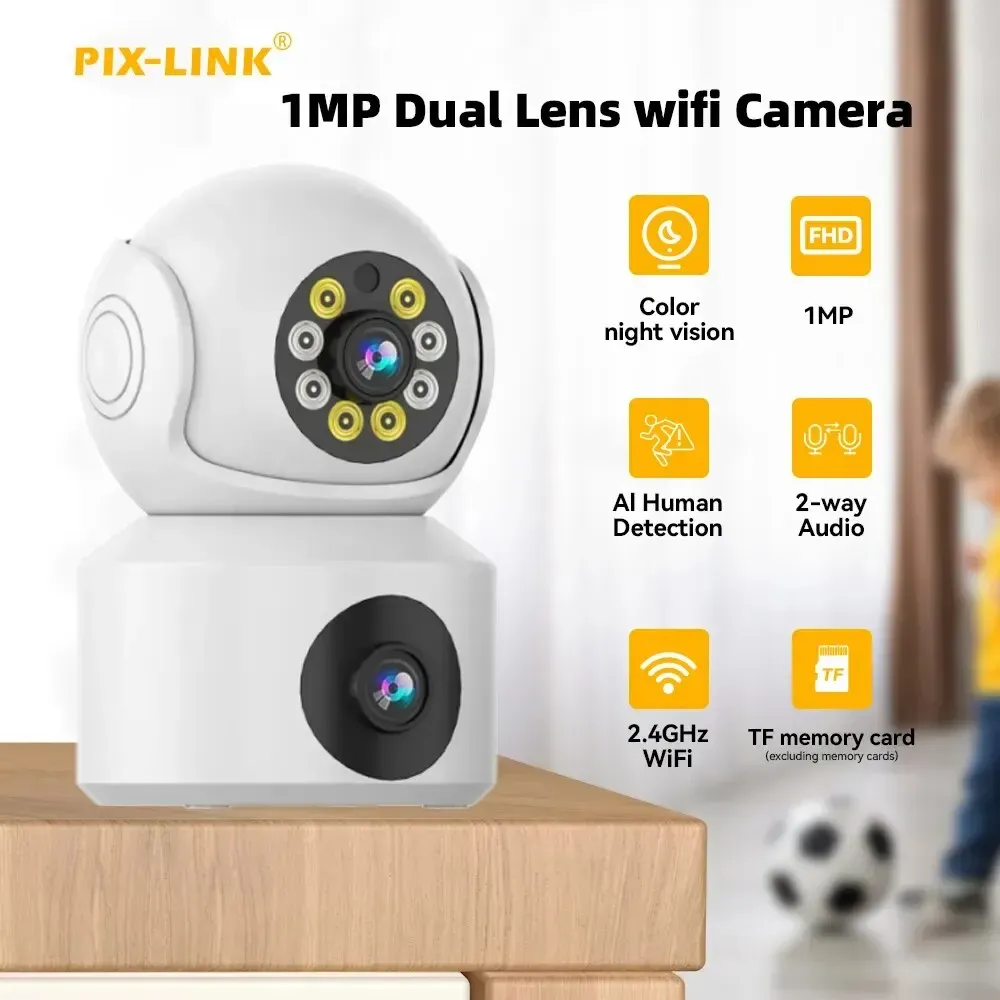 Kameror Dual Lens 2MP IP Camera WiFi Surveillance Camera Array Dome Night Vision HD Robot Camera Security Protection Vi365 App Pixlink