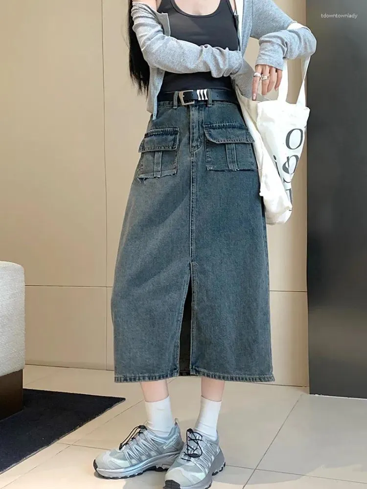 Skirts S-XL Een lijn lange denim rok 2024 High Taille Vintage Pocket Patch Midi Jeans Women Style (L60082