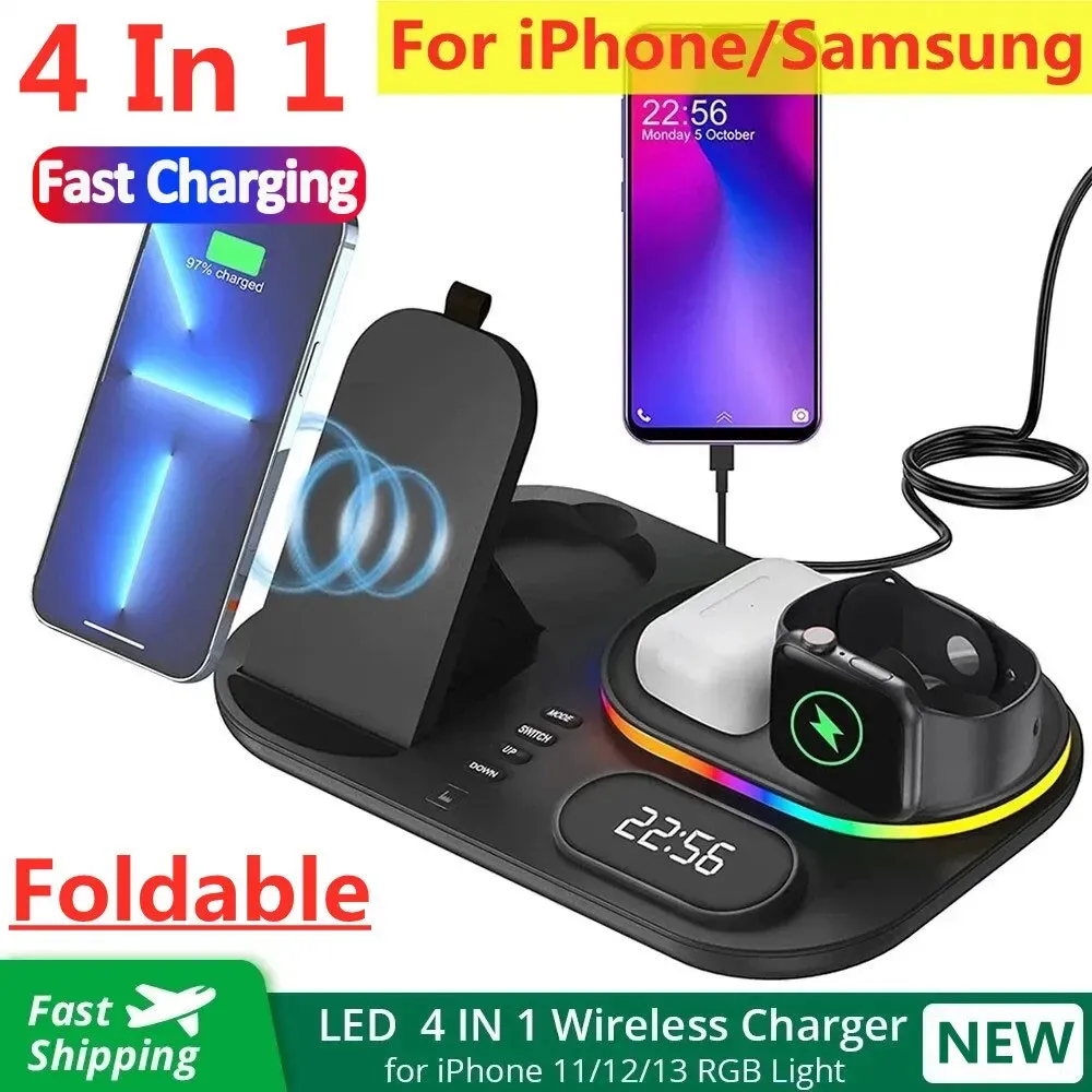 充電器4 in 1ワイヤレス充電器スタンドiPhone 14 13 12 11 xアップルウォッチエアポッドSamsung Galaxy Watch Fast Charging Dock Station