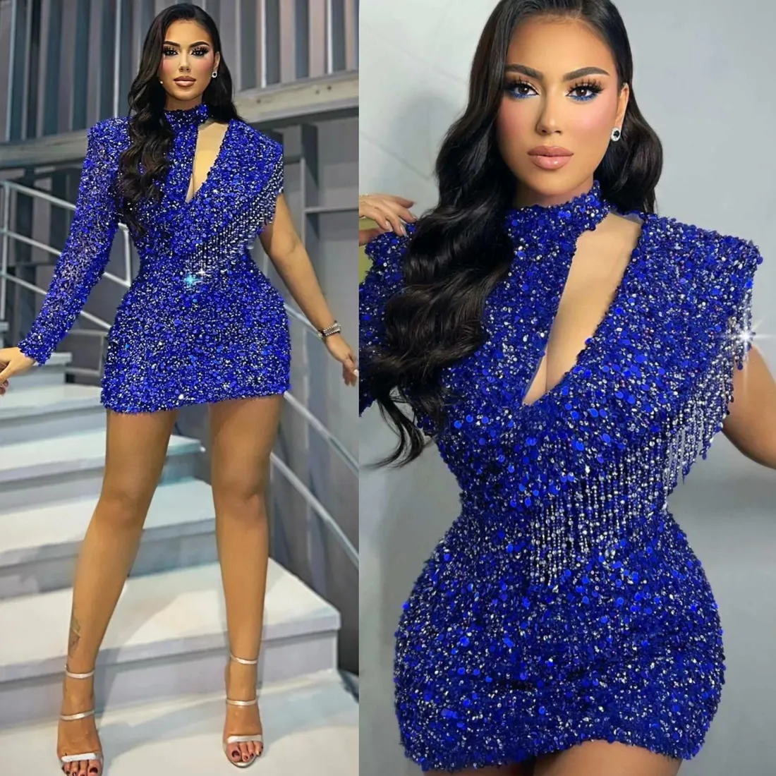 Royal Blue Plus Size Blue Sequin Cocktail Dress For Women Short Prom ...