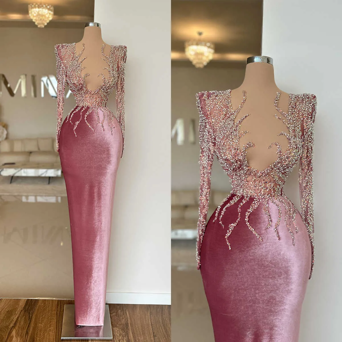 Sparkly Mermaid Prom jurken kralen pailletten v-hals onregelmatig fluweel lange mouwen vloerlengte op maat gemaakte plus size feest avondjurk Vestido de noite