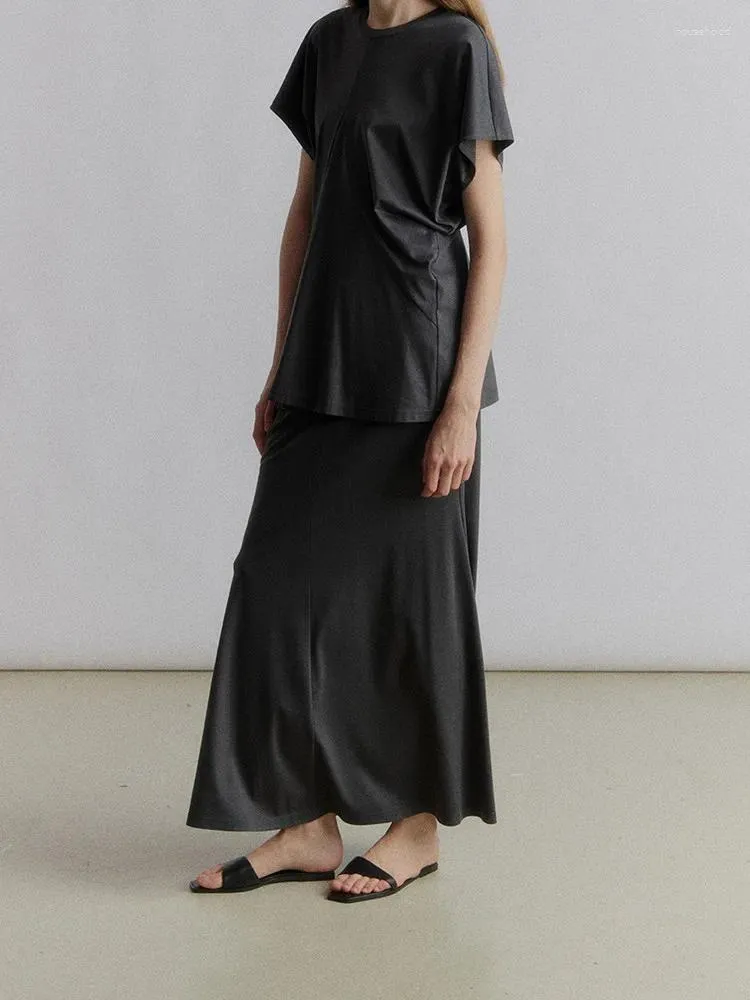 Work Dresses Women Short Sleeve T-shirt Or Long Skirt Set 2024 Spring Summer Elastic Waist A-Line Midi O-Neck Pleated Tshirt