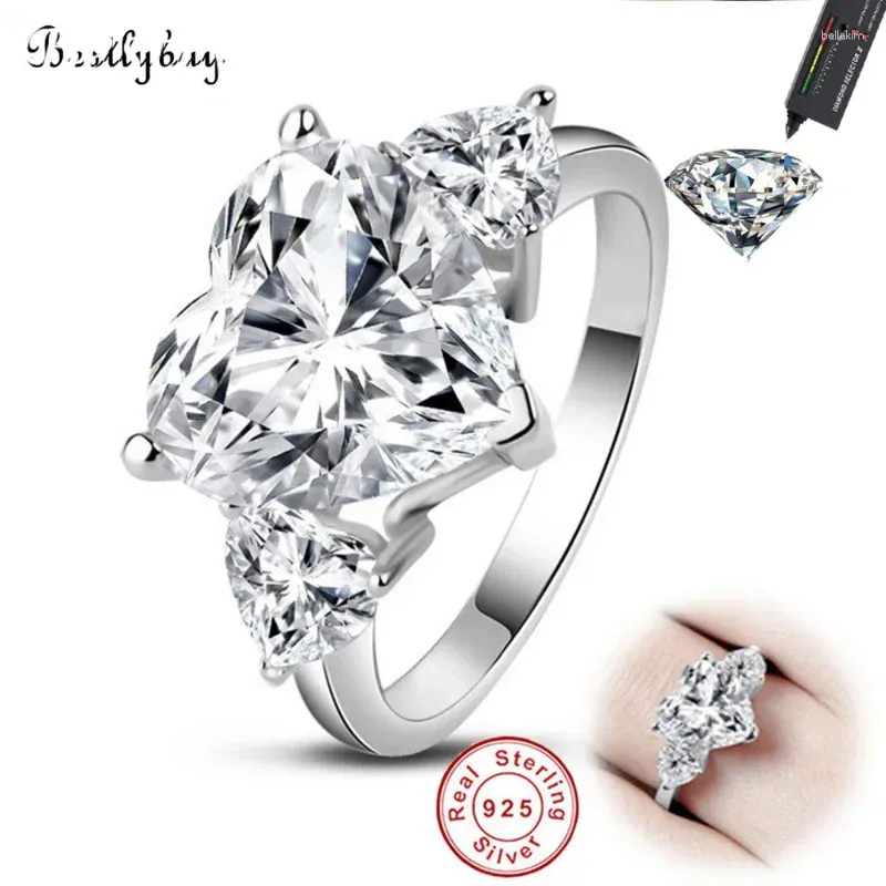 Klusterringar Moissanite kan klara test 925 Sterling Silver Big Heart Ring Wedding för par Brudsmycken Partihandel