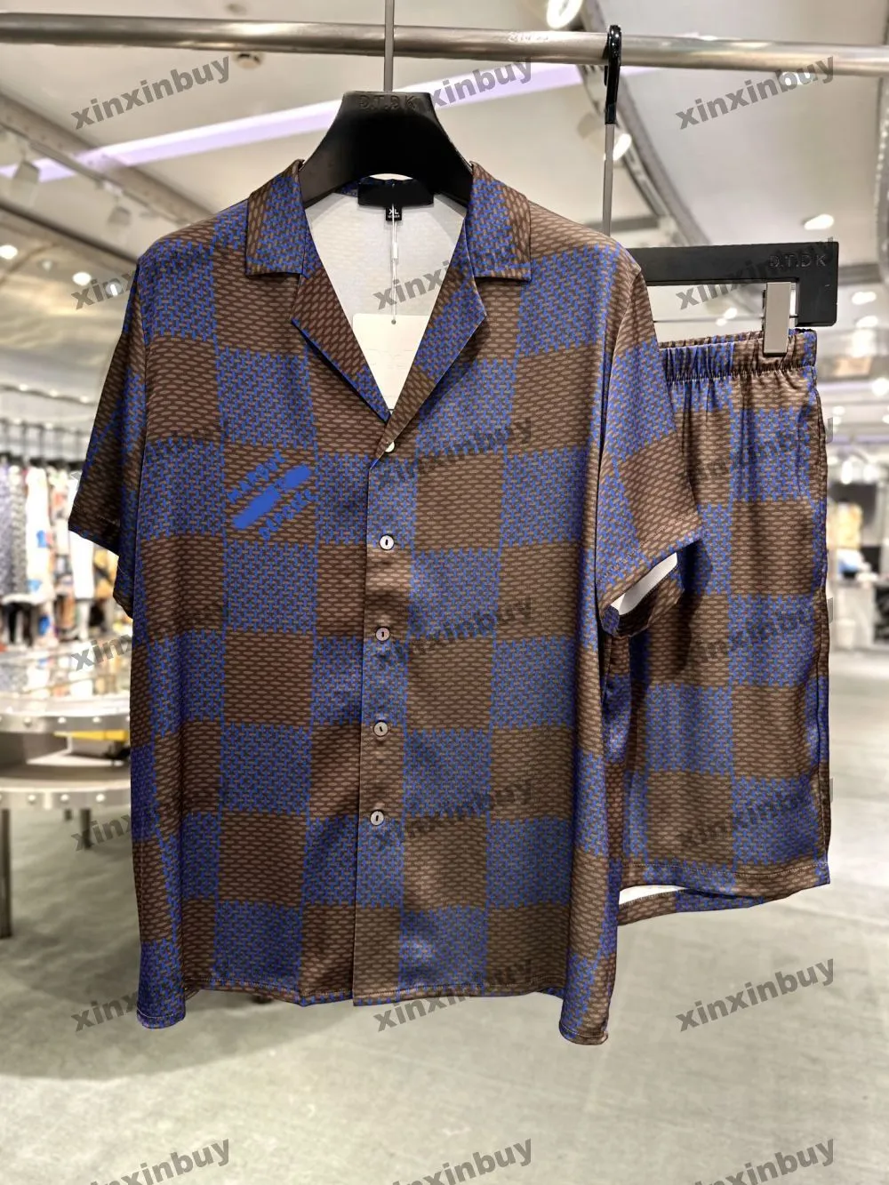 xinxinbuy Men designer Tee t shirt 2024 Italy Chessboard grid printing silk sets short sleeve cotton women blue black green red M-3XL