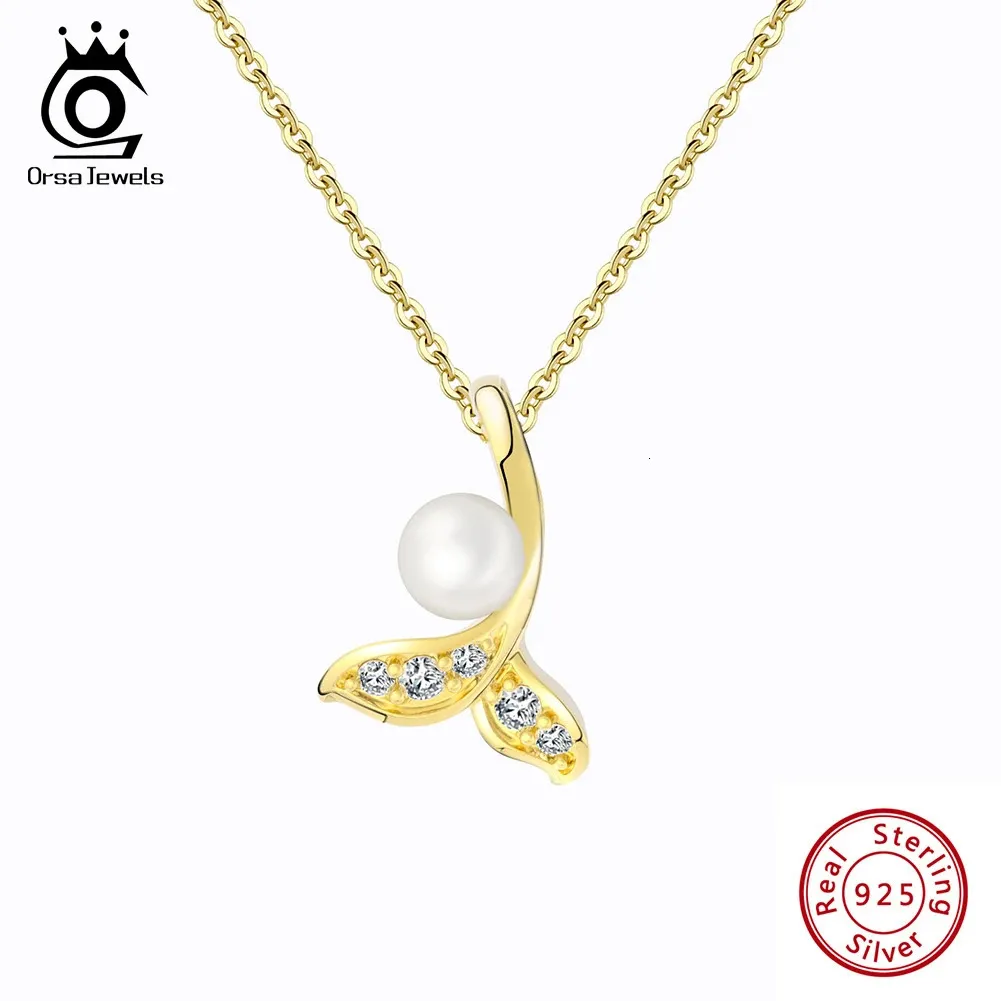 Orsa juveler eleganta 925 Sterling Silver Fish Tail Natural Pearl Pendant Necklace For Women Mermaid Tail CZ Pendant Jewelry APN30 240412