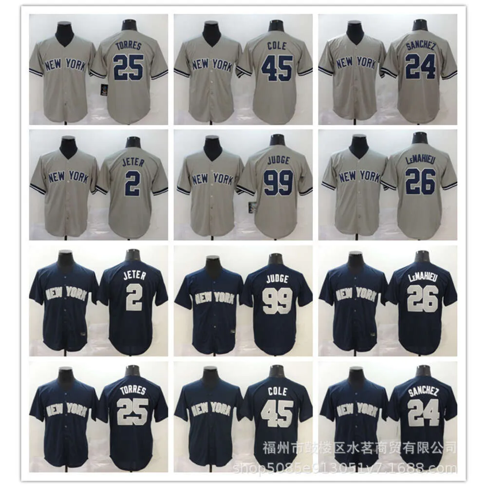 Yankees Judge#99 Cole#45Jeter#2 Stadium Blue Gray geborduurd uniform