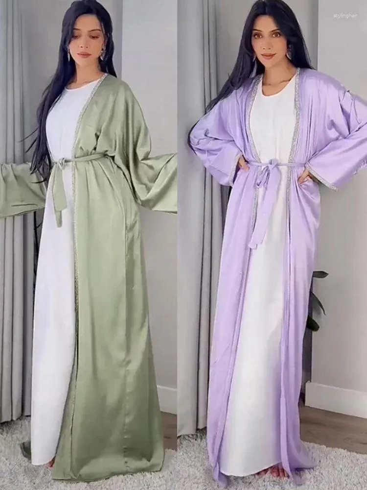 Roupas étnicas Eid Diamond Abaya Dress Set Mulheres Muçulmanas Abayas Marrocos Caftan Robe Satin maxi vestidos femme musulman sets 2024