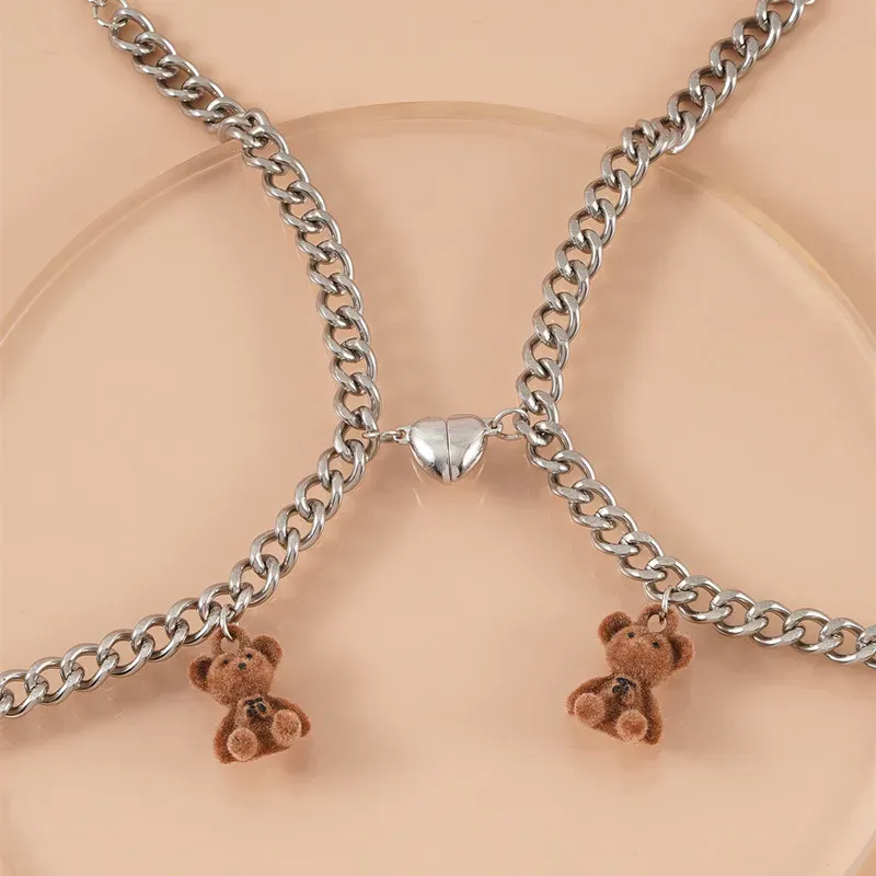 Pasme 2pcs pluszowe niedźwiedź para magnet bransoletki ze stali nierdzewnej łańcucha serca bransoletka unisex przyjaźń biżuteria walentynkowe
