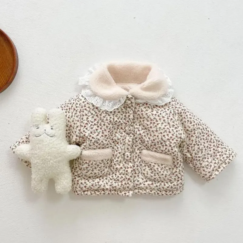 Coats 2022 Autumn Winter New Children Plus Velvet Thicken Flower Print Cotton Coat Girl Baby Long Sleeve Tops Boy Infant Lace Jacket