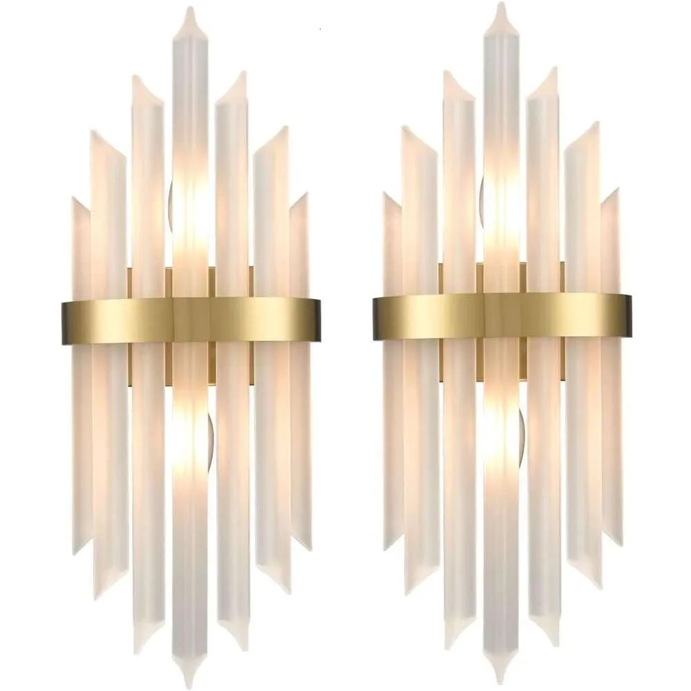 Elegancki zestaw dwóch nowoczesnych złotych kryształowych kinkietów ściennych z matkowatymi szklanymi odcieniami - idealny do salonu, sypialni, korytarza, schodów i oświetlenia kuchennego