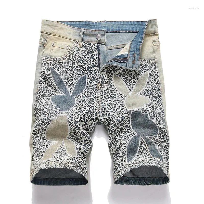 Men's Shorts Loose Straight Summer Retro Blue Embroidered Mesh Denim Mid-waist Trendy Short Pants