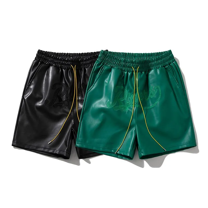 Pu läder svart röda gröna shorts pockets 2024 sommar män kvinnor hög kvalitet gul dragstring strand kortfattiga byxor