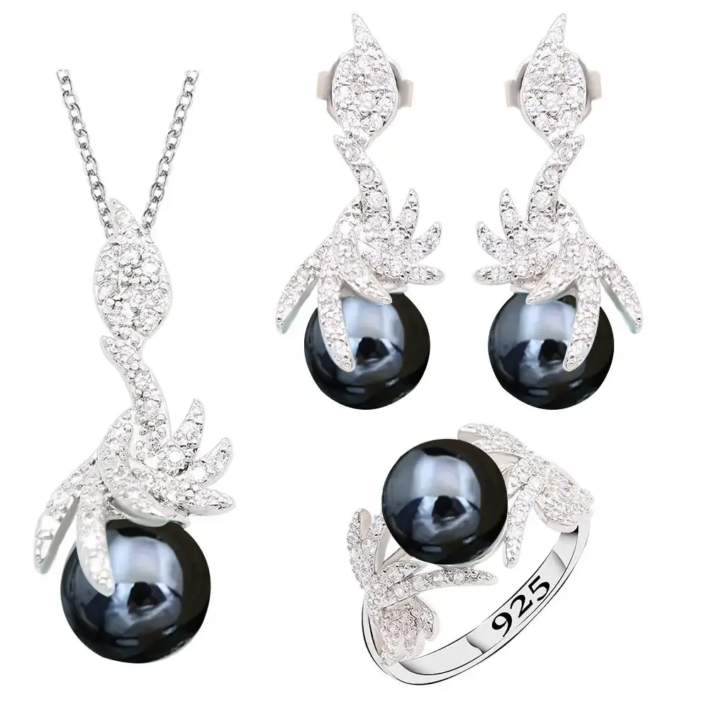 Colliers Black Pearl Silver Color Bijoux Ensembles pour femmes Boucles d'oreilles Collier Pendant Ring Nouvel arrivée