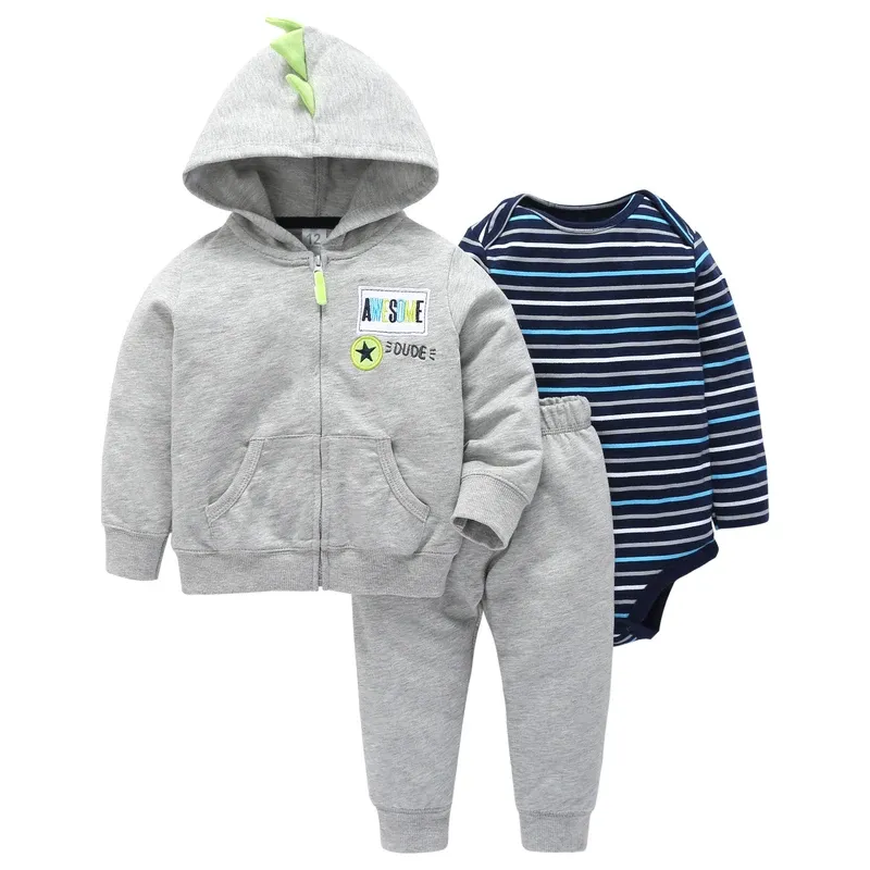 dinosaur model baby boy clohtes gray Long sleeve hoodies letter+stripe romper cotton+pant newborn baby girl outfit clothing set