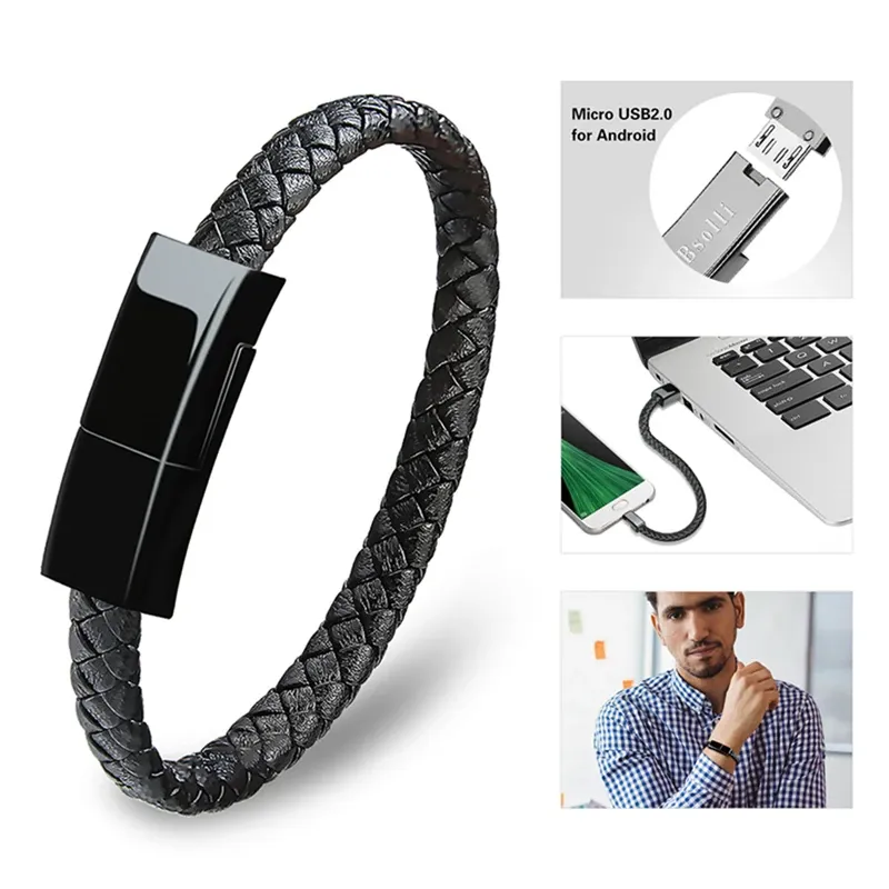 Strands Mobile Phone Charging Cable Leather Bracelet for Men Data Cable Hand Chain Send Gift to Husband USB Charging Cable Wrist Strap