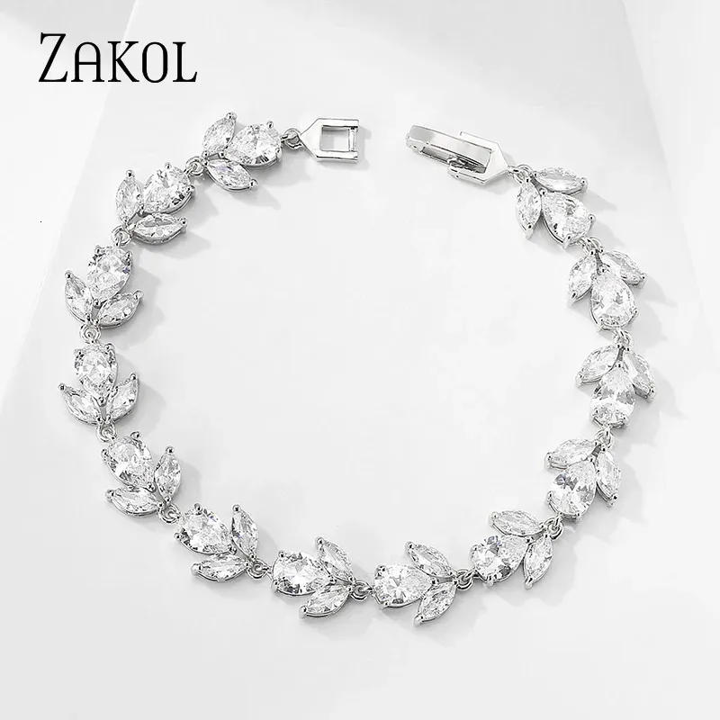 Zakol Trendy Cubic Zirconia Braccialetti da sposa per donne Braccialette per foglie di colore in oro bianco Gioielli da sposa chiorli 240423 240423