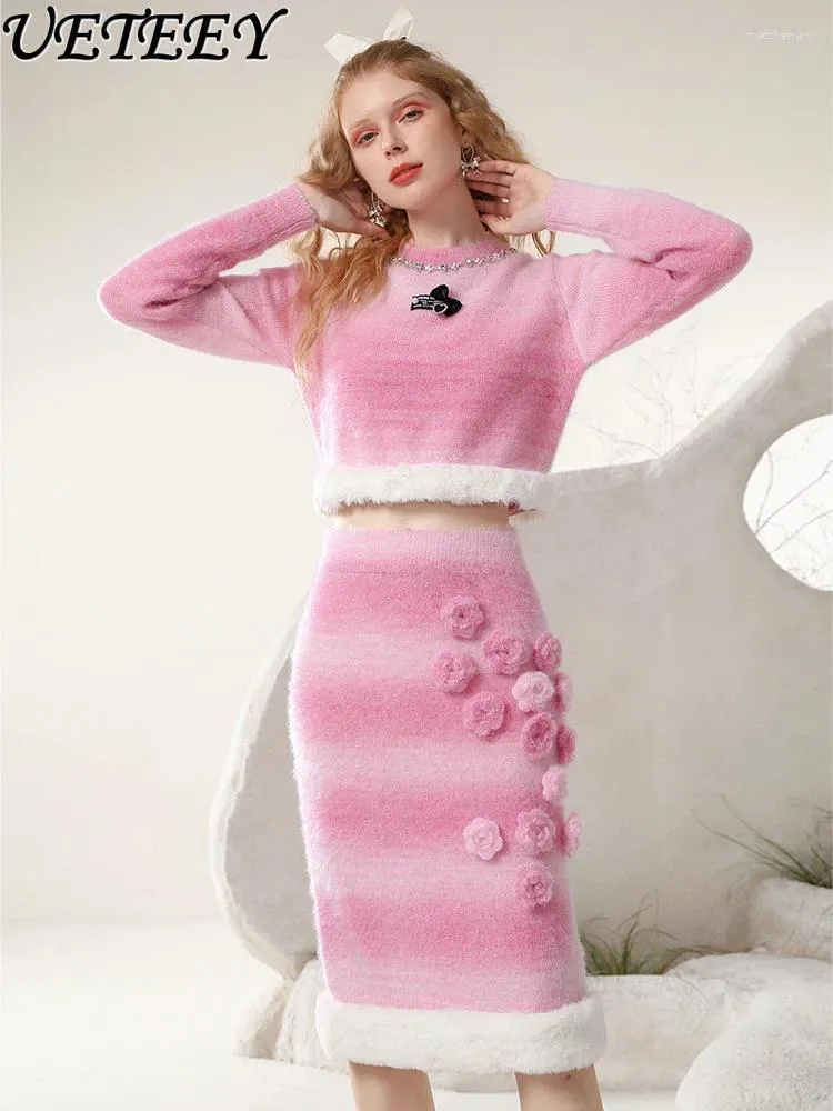 Work Dresses Designer Model Style Sweet Elegant Pink Gradient Flowers Sweater Top Women Autumn Winter High Waist Long Skirt Two-Piece Set