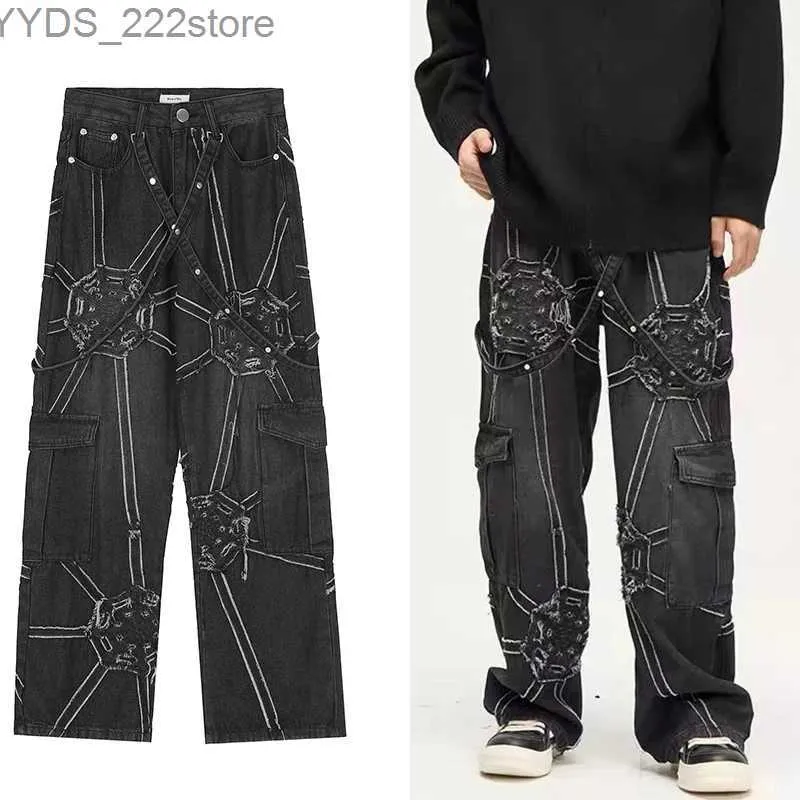 Damesjeans Harajuku Retro Tool Functie Zwart losse jeans heren 2k straatkleding Gothic Punk Extra grote rechte broek dames breed poten YQ240423