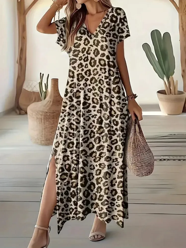 Plus Size Leopard Print Schlitzkleid Casual V Neck Kurzarm für Frühlings Sommer Womens Clothing 240417