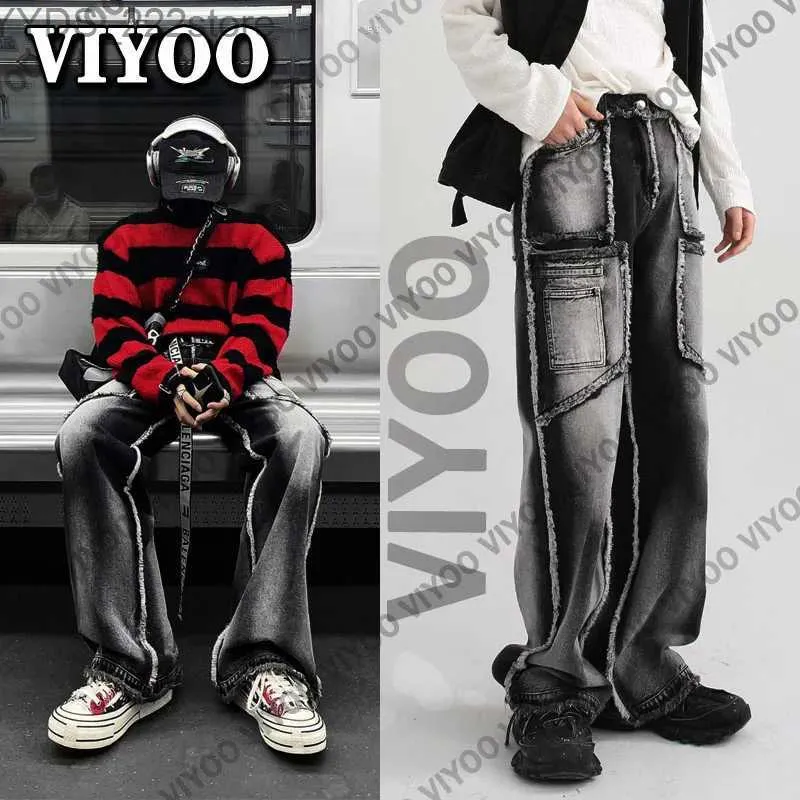 Women's Jeans Mens Y2K womens jeans oversized denim pants straight Trousers patches black Gothic luggage jeans Y2K street clothing Techwear mens yq240423