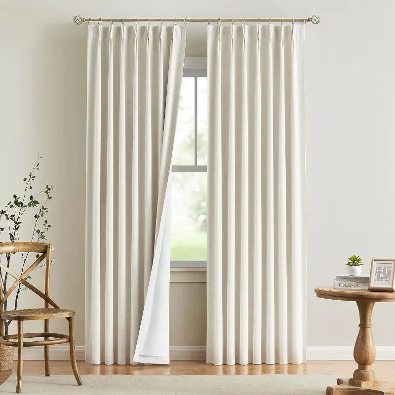 Curtain Vision Home Natural Pinch Pleated Full Blackout Curtains Linen Blended Room Darkening Window