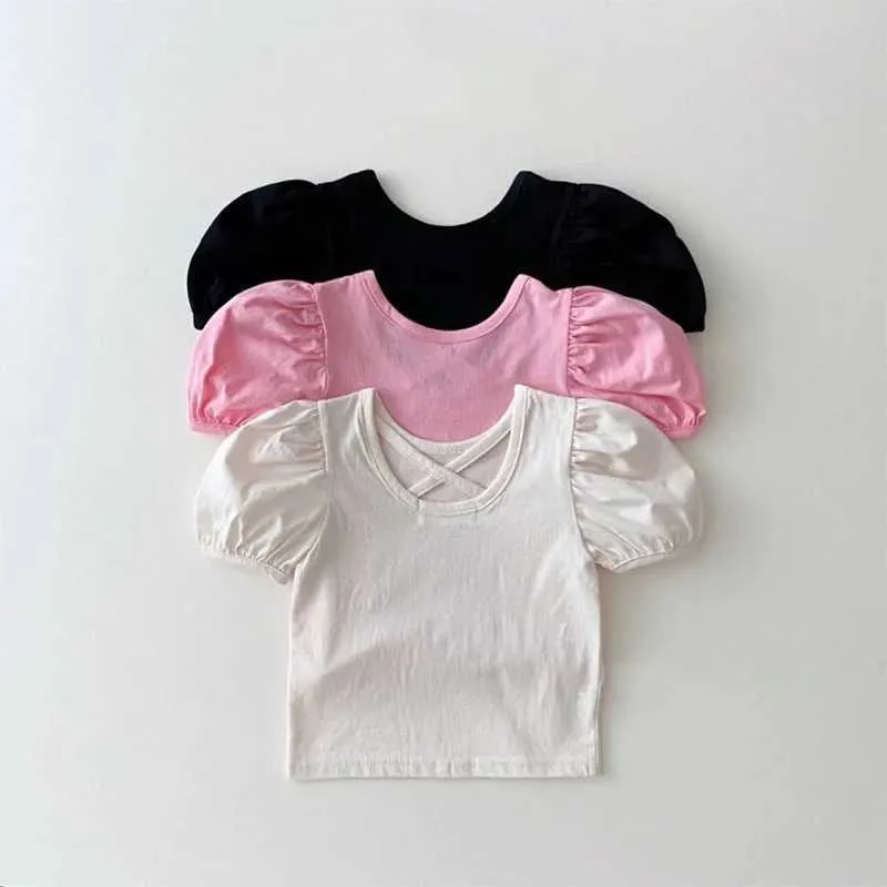 Tシャツ2023夏の新しい赤ちゃん半袖Tシャツファッションガールズパフソリッドキッズカジュアルコットン幼児トップH240423