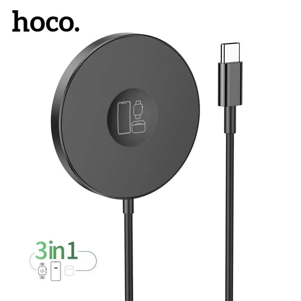 Laddare Hoco 3in1 Magnetisk trådlös telefonladdare för iPhone 14 13 12 Pro Max USB C Wireless Charging Device för Apple Watch 7 6 5 4 SE