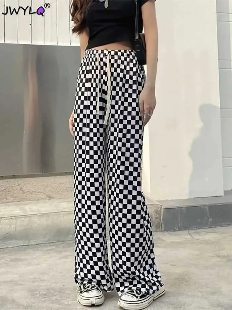 Women's Jeans High Waist Lace-up Plaid Print Wide Leg Pants Womens Casual Loose Straight Pantnes New Summer Thin Korean Fashion Baggy Pants Y240422