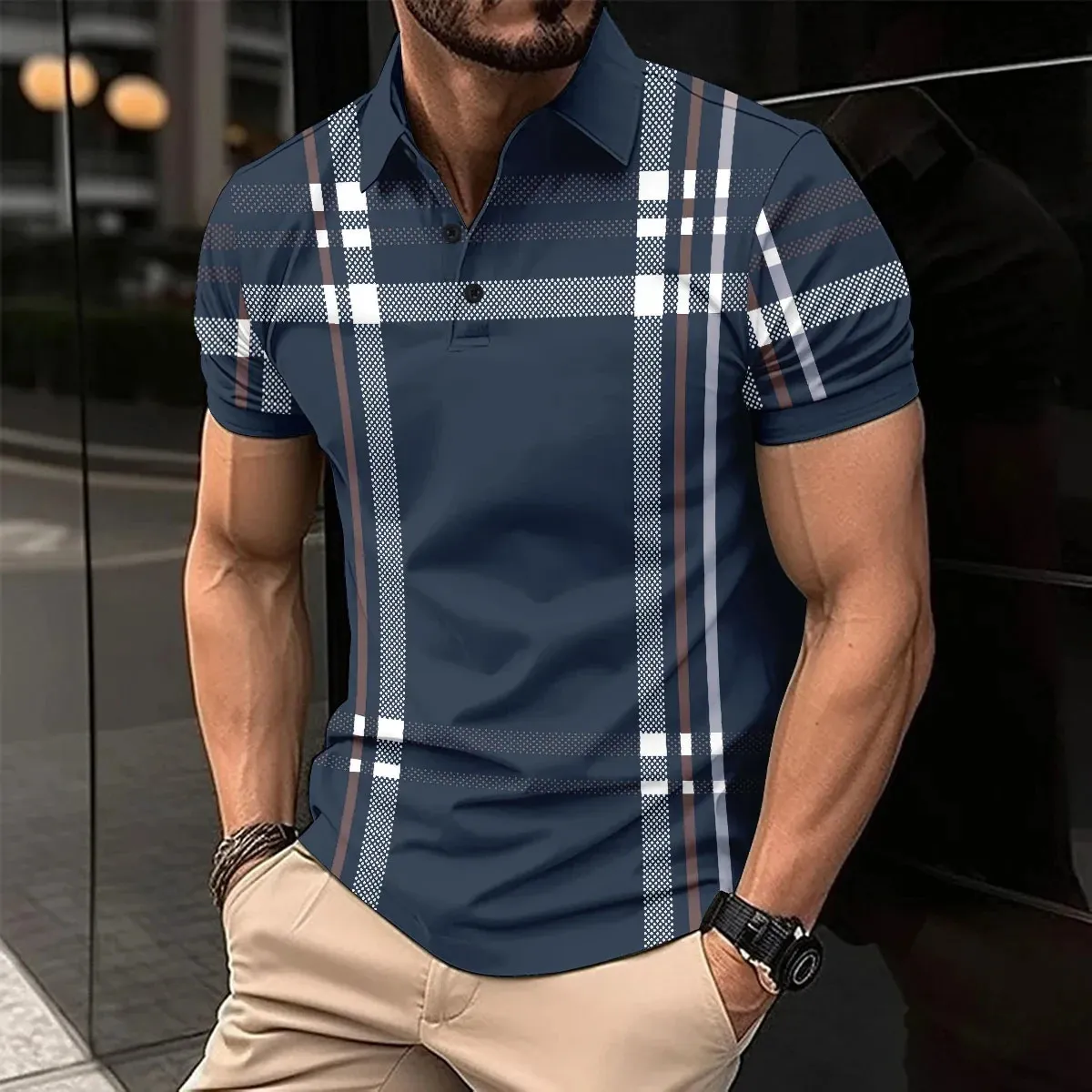 Mode randig herr polo skjorta linje sommar kort ärm toppar affärer casual kläder lapel knapp dragkedja polo skjorta för man 240409