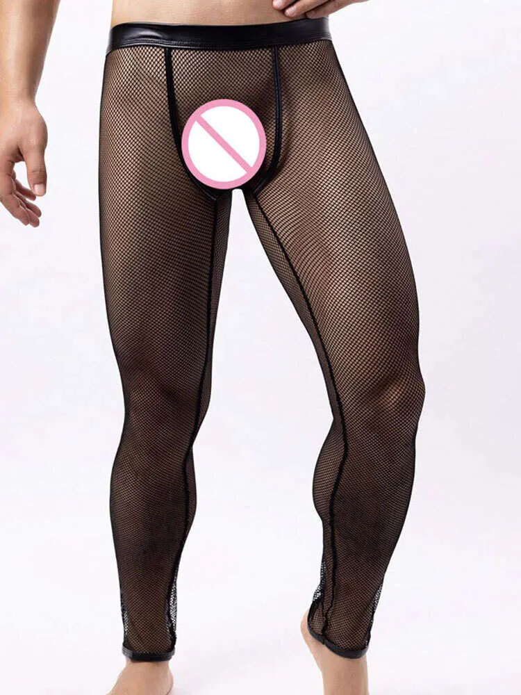 Mesh Hollow Out Men Transparent Leggings Traje Homem Claquedas Sexy Calças Sheer Lingerie Night Now in Now Sleepwear