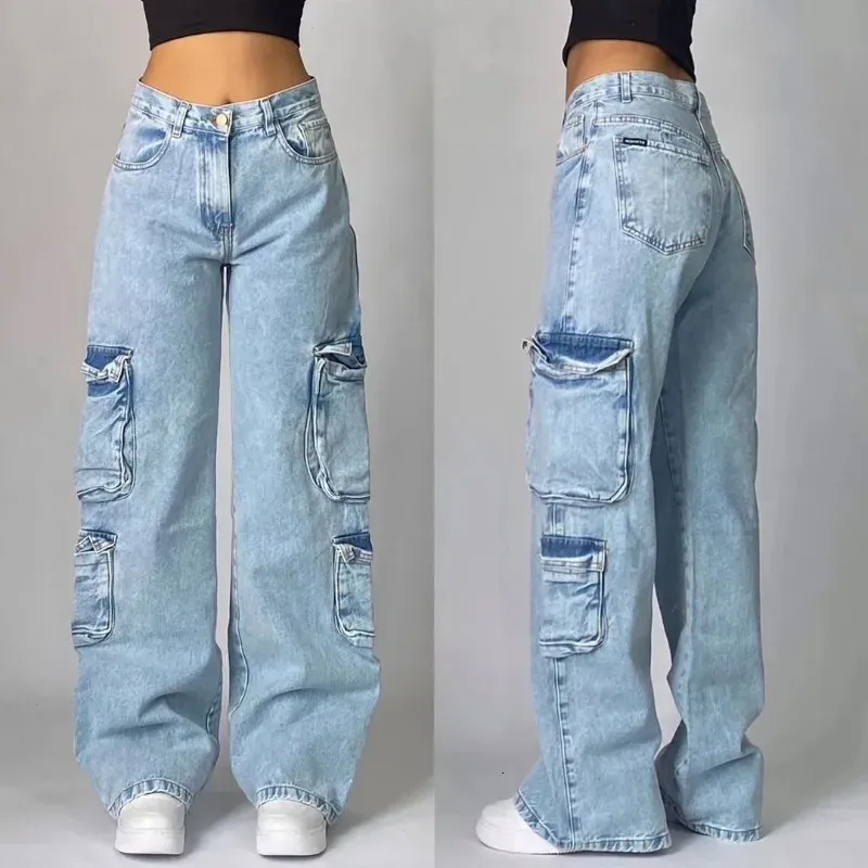 Streetwear Amerikan Yıkanmış Açık Mavi Bol Kot Erkek ve Kadın Y2K High Street Moda Retro Punk Yüksek Bel Geniş Pantolon 240415