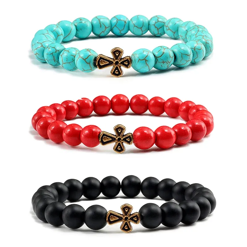 Strands New Natural Stone Lava Beaded Bracelet for Men Women Alloy Christian Jesus Cross Bracelets Bangles Yoga Prayer Fashion Jewelry