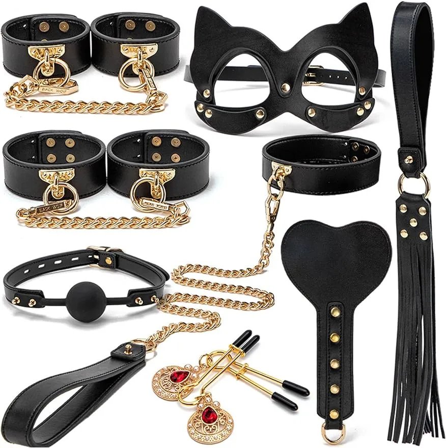 Begränsningar Sexleksaker 8 st SM Sex Bondage Set, Sex Things for Couples, Leather Cuffs Set för manliga kvinnliga par, Sex Tools-Black