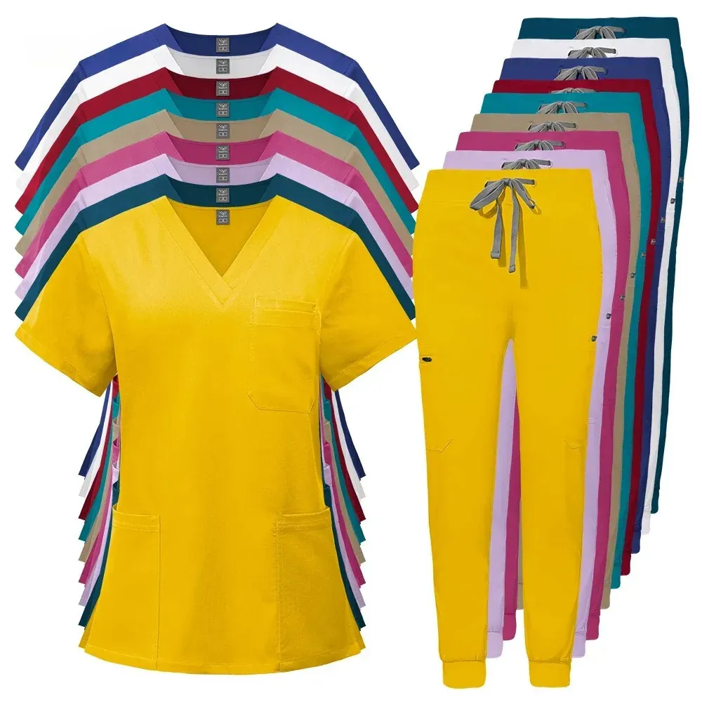 Scrubs Uniform Suit Short Sleeve V-neck Topsjogger Pants Set Nursing Uniform Women Multicolor Pet Doctor Scrub Workwear 240420