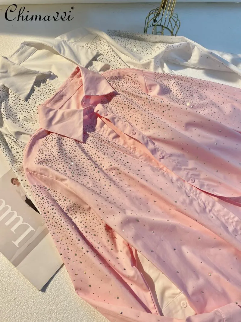 Kvinnor Bluses Camisas 2024 Spring High-End Rhinestone Shirt Female Fashion Pink Loose Long Sleeve Temperament Blus Sweet Top