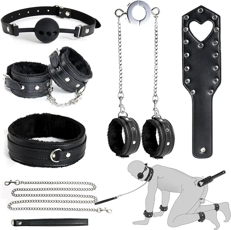 BDSM KIT Sex Restraints Bondage Set - Kinky Couples Sex Toys Handcuffs, 7st Leather Bondage Gear Accessories Testikel Boll Ballballar Gag krage