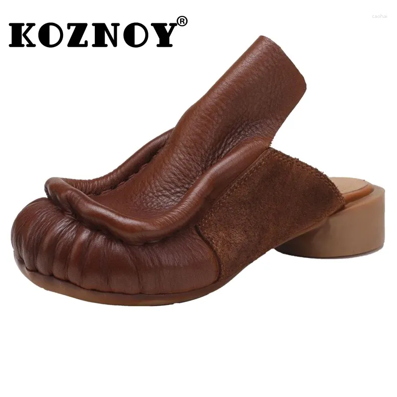 Slippers Koznoy 2.5 سم البقرة الطبيعية من الجلد الأصلي نساء Moccassin Soft Soled Flats Summer Round Toe متسكعون أحذية عرقية