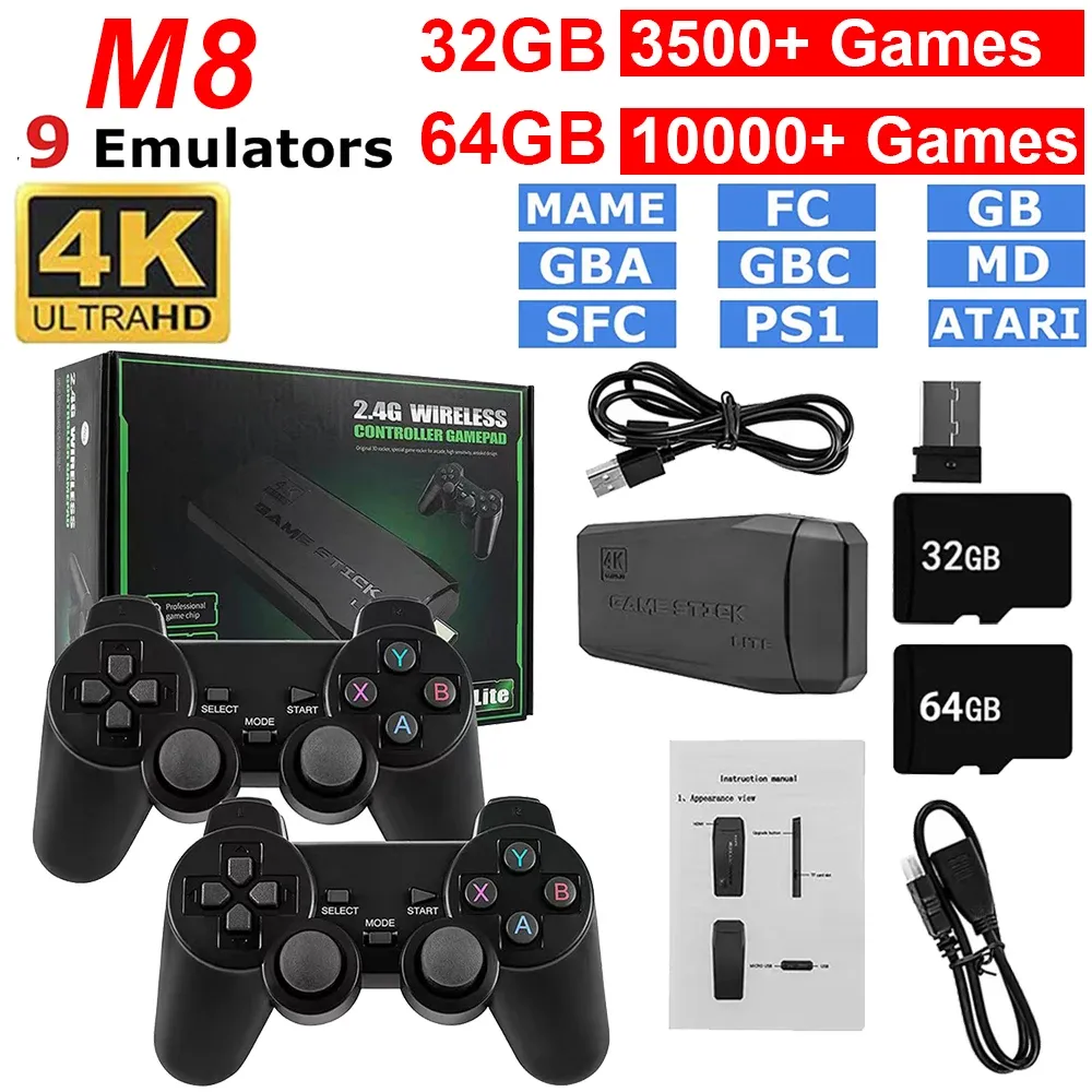 Players M8 Retro Game Console 32/64G 2.4G Double Wireless Controller Game Stick 4K Lite Builtin 10000 Games Retro Games For PS1/MAME/FC