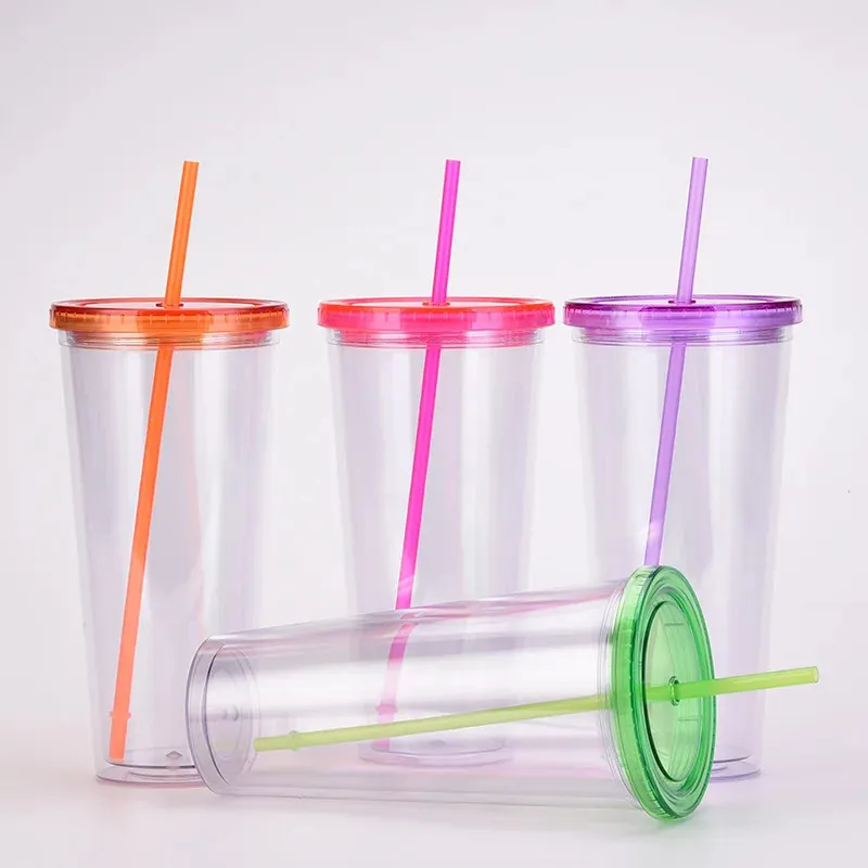 Clear Acrylic Tumbler 32oz Water Cup with Straw Plastic Travel Mug Double Wall Iced Coffee Tumblers Drinking Cups 240416