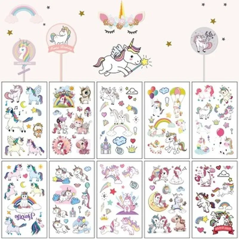 Tatueringar 10st Cartoon Unicorn Tattoo Set tillfällig tatuering söt färg falsk tatuering klistermärke body tatoo för barn vattentäta barn tatueringar