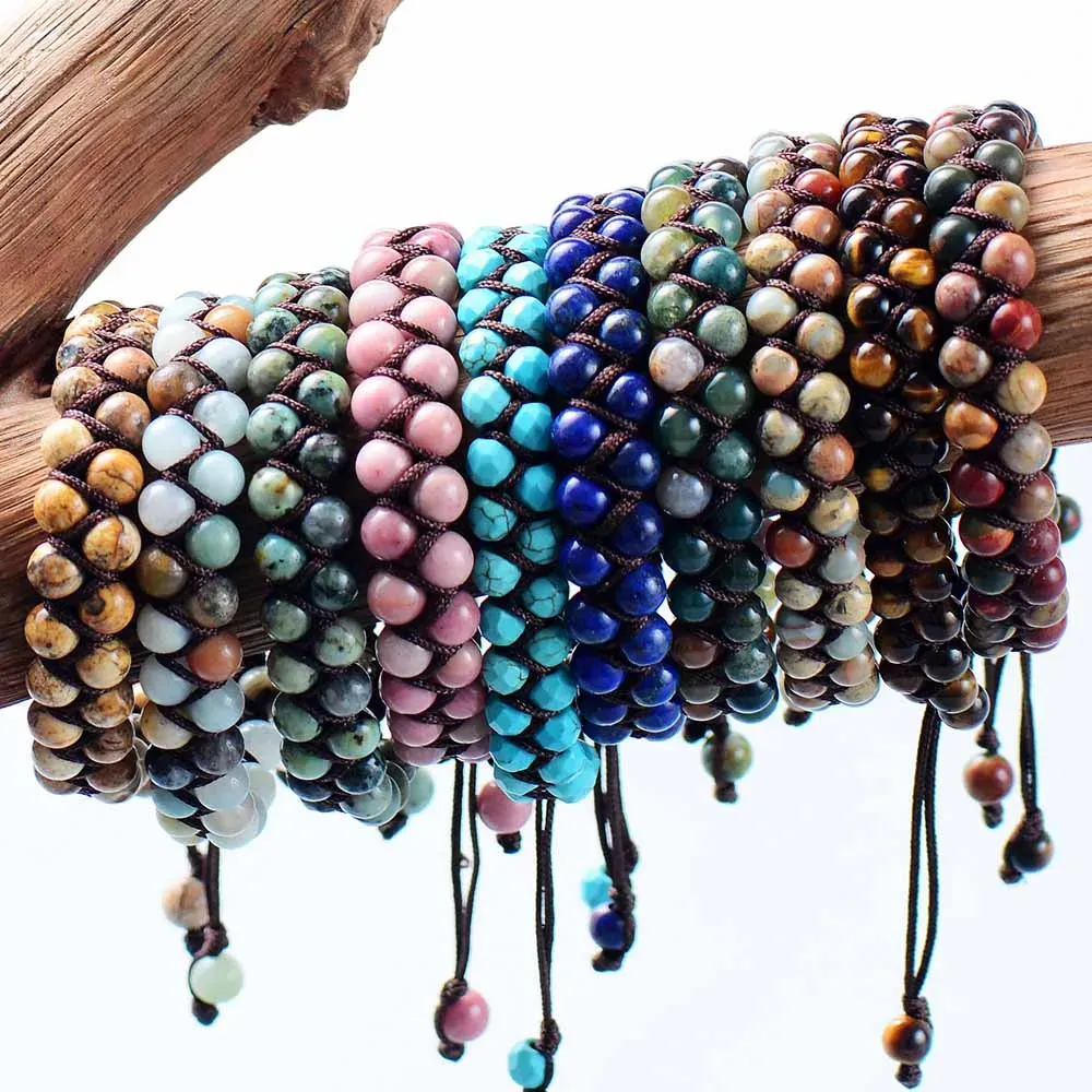 Pulsera de envoltura de hilos piedras naturales únicas pulsera trenzada pulsera de la amistad de las pulseras de la mujer joyería